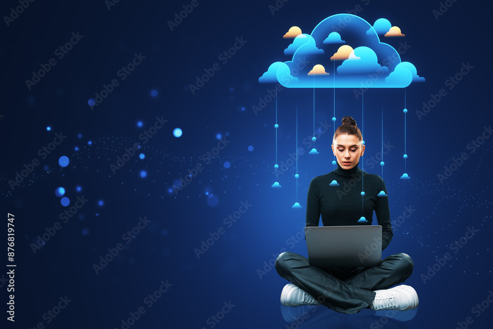 Poster attractive thoughtful young woman sitting and using laptop with creative cloud computing hologram wi