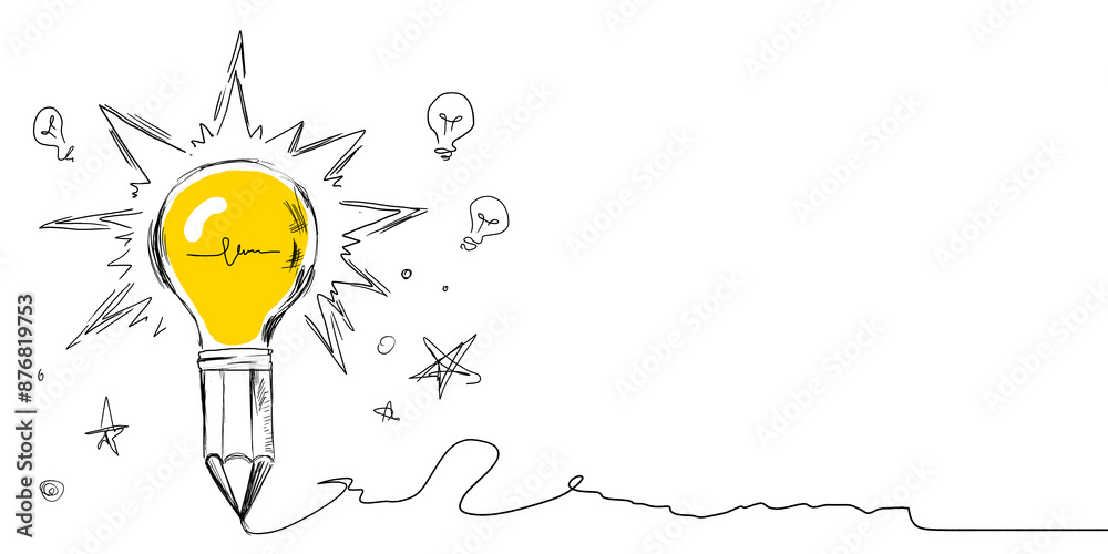 Poster creative light bulb pencil sketch on white background with mock up place. idea and innovate concept.