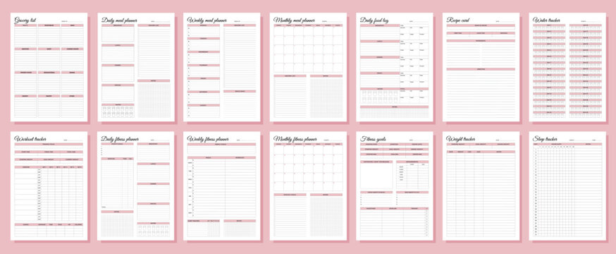 Fitness and meal planners set. Daily, weekly, monthly, workout tracker, fitness goals, weight tracker, daily food log, grocery list, recipe card, water tracker, sleep tracker. - Powered by Adobe