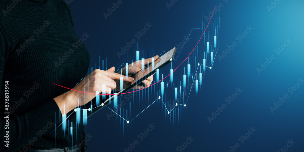 Poster close up of female hands using tablet with glowing growing business chart on blurry background with 