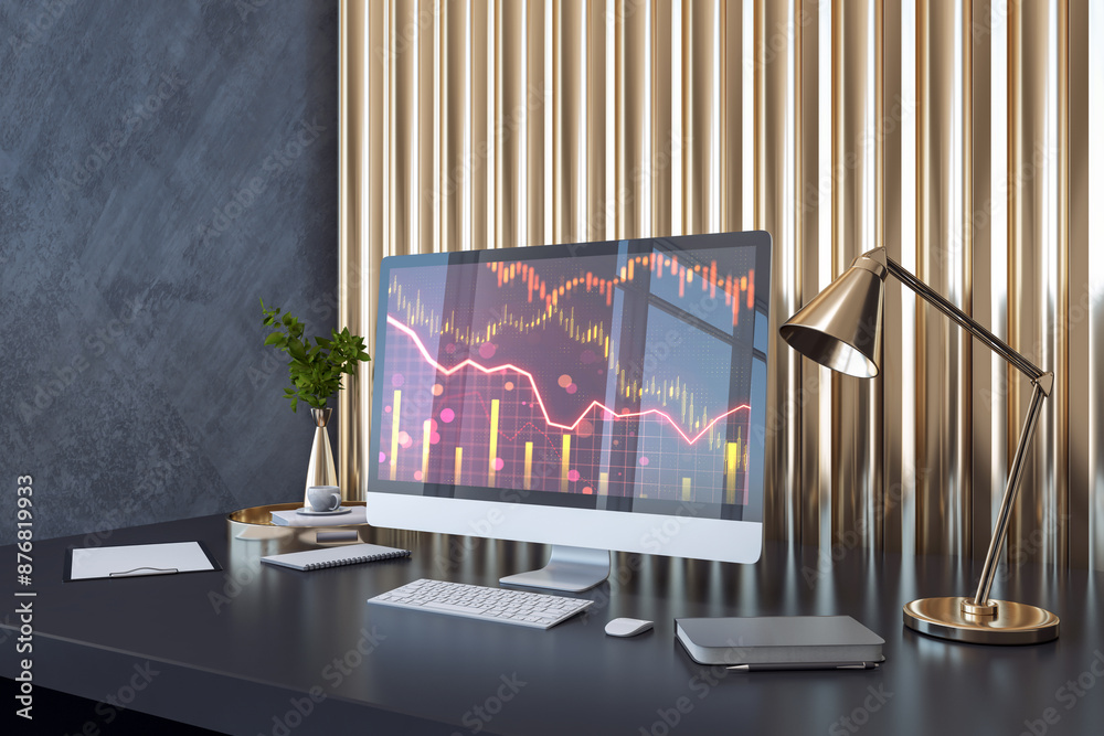 Poster Close up of computer monitor on desk with downward red forex chart and decorative golden concrete wall background. Crisis and financial recession concept. 3D Rendering.