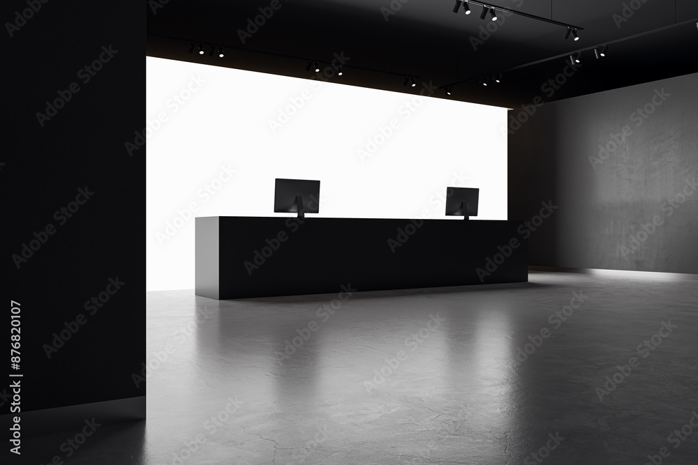 Poster contemporary office interior with bright white reception desk and mock up place. 3d rendering.