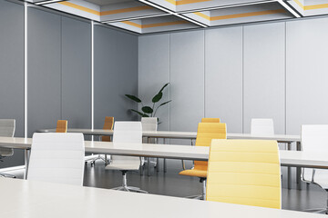 Contemporary gray lecture hall interior with colorful seats. Education concept. 3D Rendering.