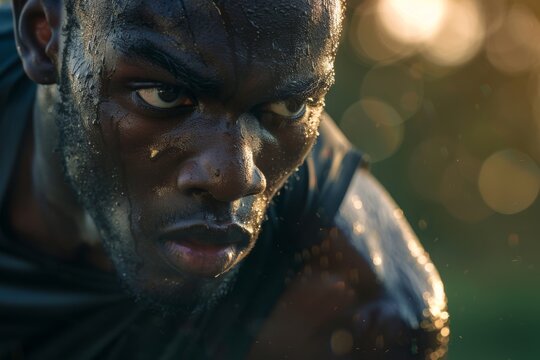 Close-up of an African man's determined face as he runs in a natural setting. His face is covered in sweat, reflecting his commitment to the activity