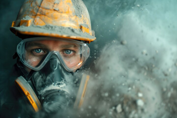 Obraz premium A closeup portrait of a construction worker wearing a hard hat, safety goggles, and a respirator mask engulfed in dust. Occupational safety, construction site, industrial safety