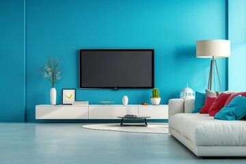 Smart TV on the two tone color wall in living room minimal design