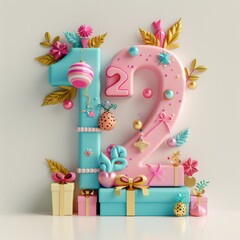 Festive 3D Number 12 With Delicate Decorations
