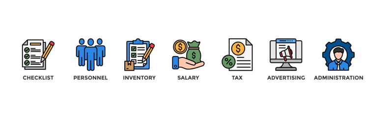 Cost reduction banner web icon illustration concept with icon of checklist, personnel, inventory, salary, tax, advertising and administration	