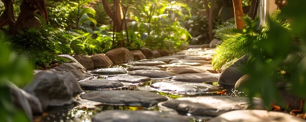 Tranquil Garden Spa with Hot Stone Pathway Cozy Wellness Retreat in Lush Nature