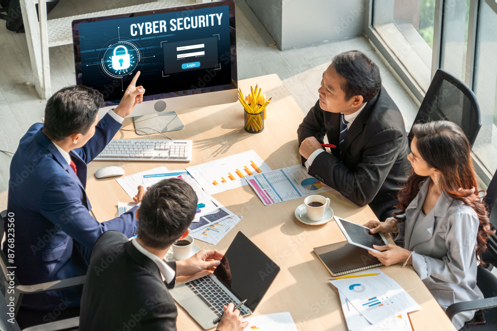 Poster cyber security system on computer screen protect private information snugly from hacker and cyber at