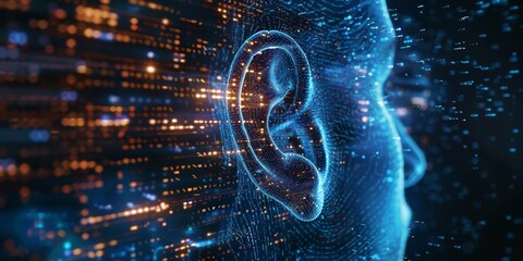 Ai hearing aid technology, with matrix style coding effect, human robotic ai concept, Ai agent