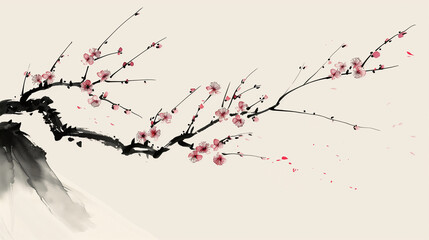 Delicate cherry blossom branch , minimalistic Chinese ink illustrations