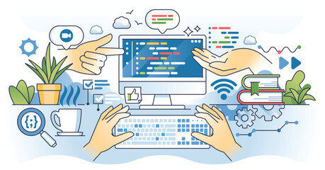 Coding tutor and advices for software programming outline hands concept. Website development team with assistants and peer collaboration vector illustration. App code writing with online support help