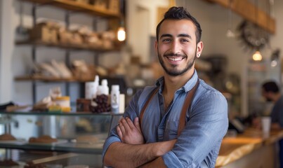 smiling young arabic business owner with arms crossed in coffee shop, looking away with cafe counter in background