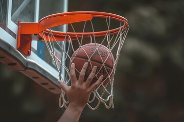 Fototapeta premium A detailed close-up of a hand pushing a basketball through the hoop with sheer force. The image highlights the power and control exerted by the player during the play.