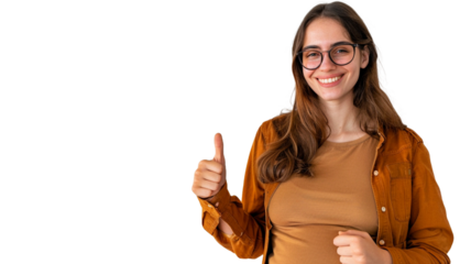 Portrait of young pregnant woman doing thumbs up gesture isolated on transparent png background. 
