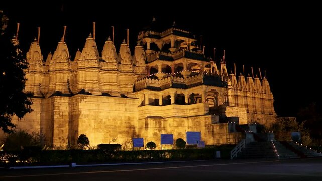illuminated ancient unique temple architecture at night from different angle video is taken at ranakpur jain temple rajasthan india.