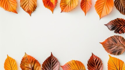 Obraz premium Close-up of autumnal leaves in a border pattern, white background, sharp details and rich hues, high resolution, focus cover all object, deep dept of field