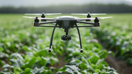 Close-up of high-tech drones tending to lush green crops in a fertile field, showcasing precision agriculture tools in action, focus cover all object, deep dept of field