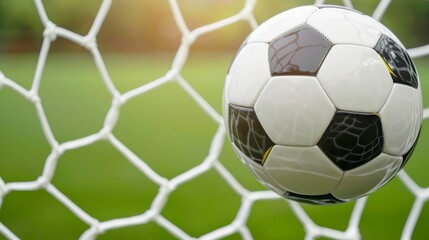 Fototapeta premium Close-up shot of a soccer ball hitting the goal net, with a lush green field as the backdrop, high-resolution and dynamic action capture, focus cover all object, deep dept of field