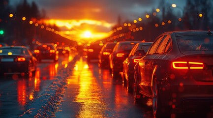Obraz premium Nighttime Highway Traffic Jam with Rain and Lights 