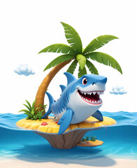 Naklejka premium 3d happy shark cartoon character on the island isolated on white background