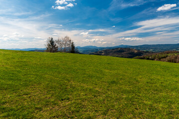 Obraz premium Moravskoslezske Beskydy mountains from meadow on Martacky vrch hill in Javorniky mountains in Slovakia