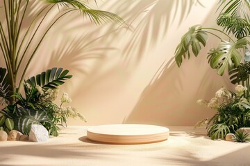 An elegant wooden podium sits on a sandy surface, surrounded by lush tropical plants and bathed in soft lighting. The studio setting provides a neutral backdrop for showcasing products