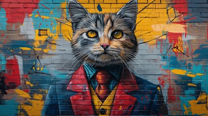Cat in suit mural on wall