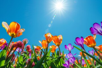 Obraz premium A high-angle view of a sunny spring garden, showcasing vibrant orange tulips and purple crocuses blooming in lush greenery