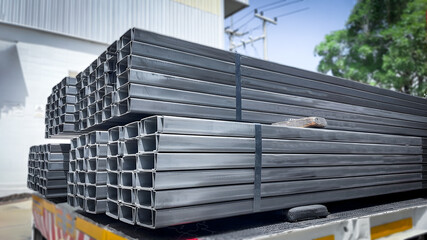 Pile of many C light lip channel steel material in gray rustproof color inside of construction...