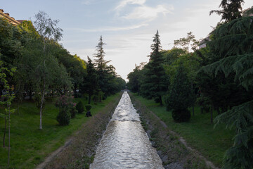 Scenic city view of the central drainage system near Skanderbeg Square in Tirana, Albania
