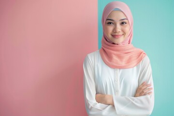 Fototapeta premium Asian Muslim woman in peach hijab and white blouse stands in front of pastel pink and blue background, smiling with arms crossed, looking at camera