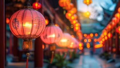 Traditional red lanterns hanging and lighting up a charming street, creating a vibrant and festive atmosphere with warm glowing light during nighttime.