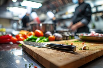 A close-up of a chef's knife lying on a wooden cutting board with vegetables and blurred chefs in the background