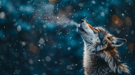 Obraz premium Close-up of a wolf howling in the snow at night, with breath visible in the cold air, surrounded by a magical, dreamy bokeh background.