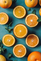 Fototapeta premium Flat lay of orange slices and mint