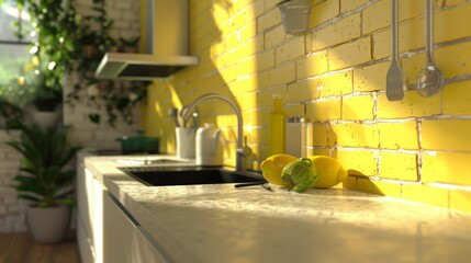 A close-up of the interior of a contemporary kitchen featuring yellow brick walls and white counters