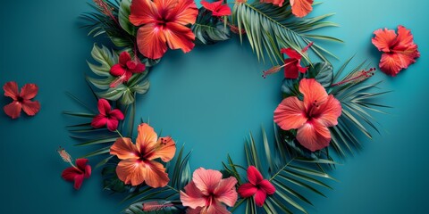 Fototapeta premium A wreath featuring bright hibiscus flowers and palm leaves, against a vibrant turquoise background