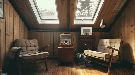 Modern retro design in a attic / loft. Small vintage table with a radio on and two reading chairs