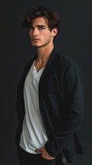 A male model poses confidently in a black blazer and white t-shirt