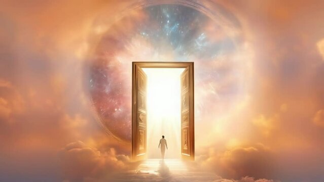 A surreal doorway in the clouds with a figure standing at the threshold, symbolizing opportunity, new beginnings, passage to another world, or death.
