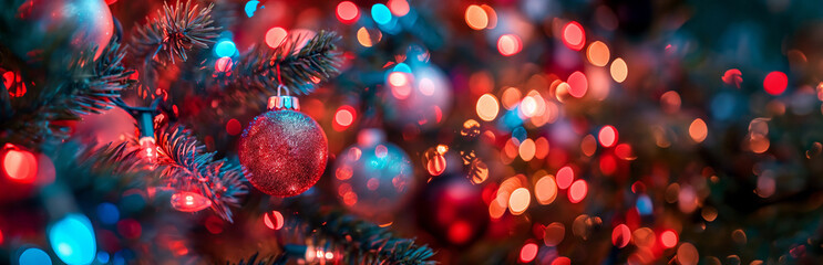 Obraz premium Christmas tree branches with ornaments and pink bokeh lights. Christmas and New Year festive concept. Template for greeting card, invitation, banner with copy space.
