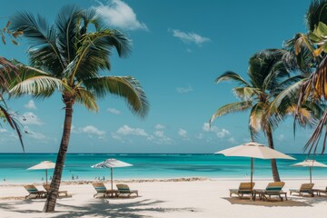 A picturesque beach scene with swaying palm trees, white sand, turquoise water, and lounge chairs under umbrellas