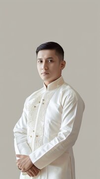 A groom stands confidently in a traditional Filipino Barong Tagalog