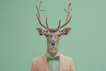 anthropic A dapper deer in a pastel blazer and bow tie, standing , against a mint green studio backdrop