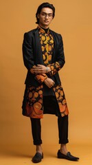 Obraz premium Man in black blazer, orange shirt, stands in front of beige backdrop
