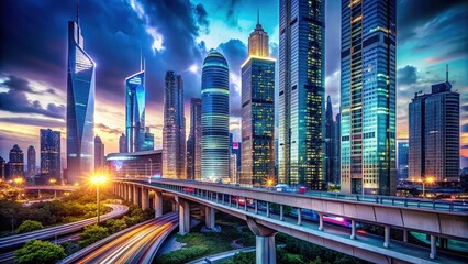 Sleek skyscrapers with neon lights and holographic advertisements pierce the darkened sky, surrounded by elevated highways and monorails in a bustling metropolis of tomorrow.