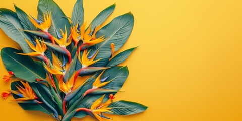 Bird of paradise arranged in heart shape on golden yellow solid color background with copy space