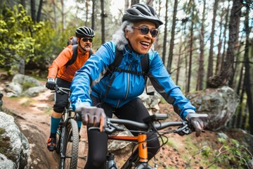 Fototapeta premium beautiful older couple with grey hair, dressed in modern athletic wear, biking together on a scenic trail.